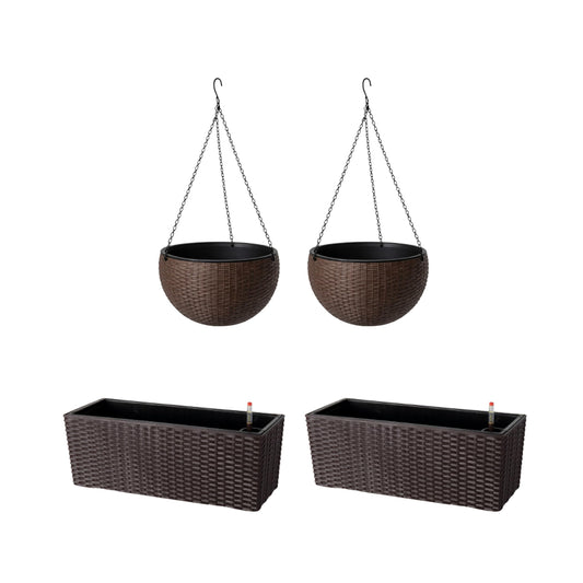 LaLaGreen Bundle- 2 Pack, 11 Inch Brown Hanging Plastic Basket + 2 Pack, 20 Inch Self Watering Planter with Bracket Rattan Style Window Plants Boxes Balcony Fence Porch Deck Modern Flower Pots Outdoor