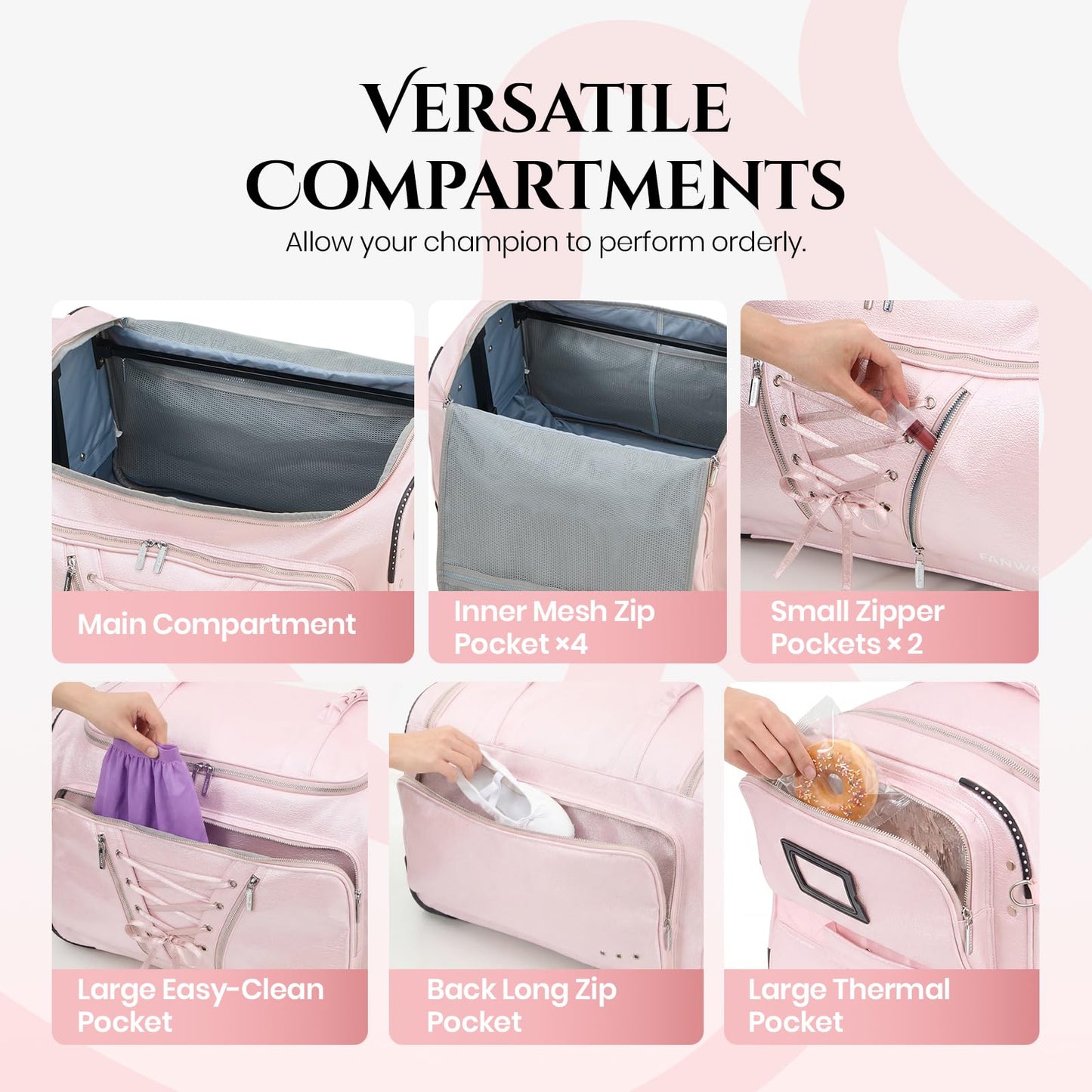 Fanwoli 23" Dance Bag with Garment Rack | Luminous Poise Collection | Waterproof Textured Shimmer | Competition Travel Duffel Luggage for Cheer, Skating, Gymnastics & Sleepover | Stardust Pink