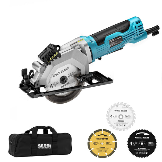 Seesii Mini Circular Saw with Laser Guide,4.8A 4000 RPM Compact Corded Circular Saw with Rip Guide,3 Blades (4-1/2") for Wood,Soft Metal,Tile,Plastic Cutting,Max Cut Depth 1-11/16"(90°),1-1/8" (45°)