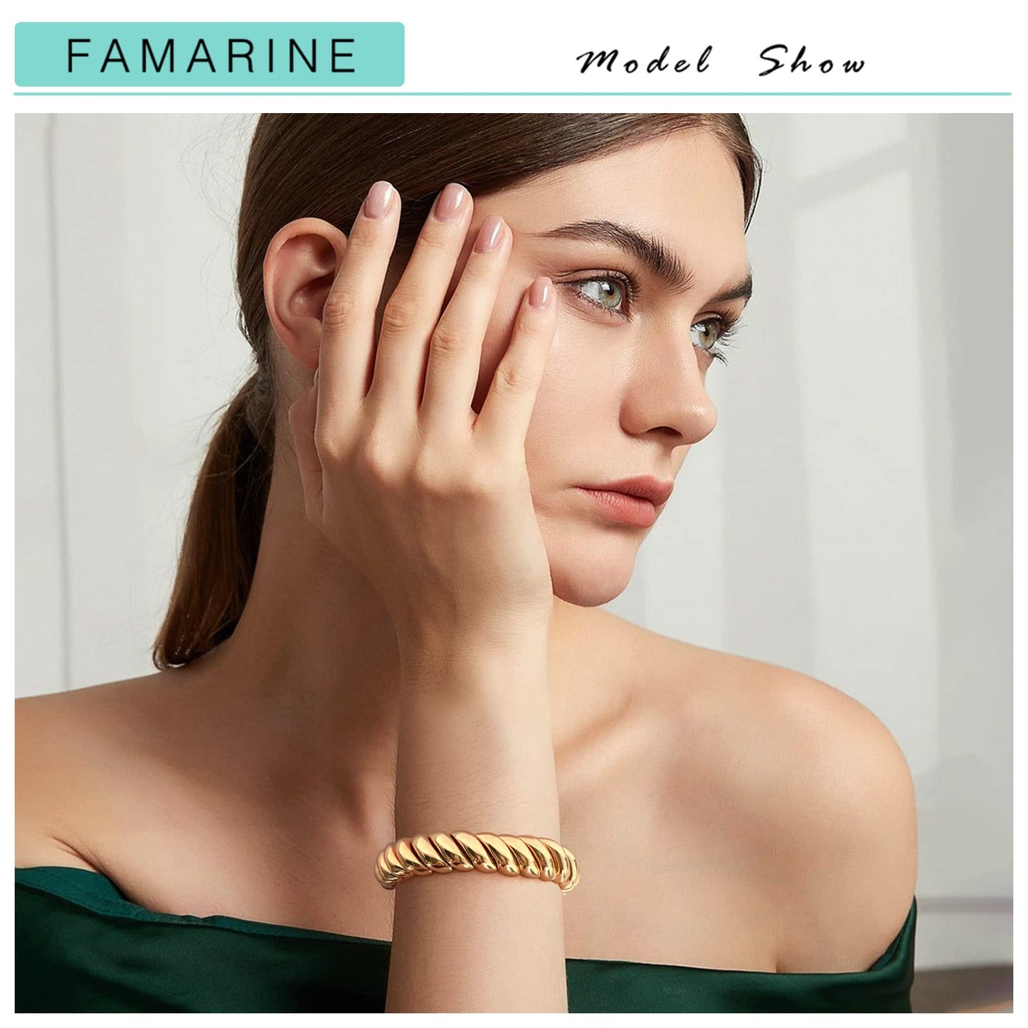 FAMARINE 14K Gold Plated Chunky Bangle Bracelet, Stretchable Elastic Bracelet for Women Men