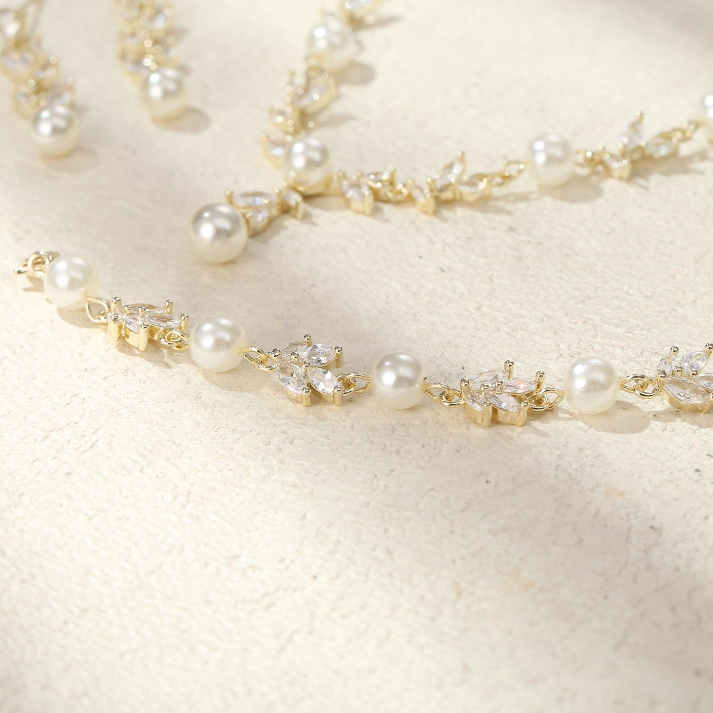 EVER FAITH Bridal Jewelry Set for Bride Bridesmaid, White Marquise Cubic Zirconia Gold-Plated-Brass Faux Pearl Leaf Vine Party Prom Necklace Dangle Earrings Bracelet for Women