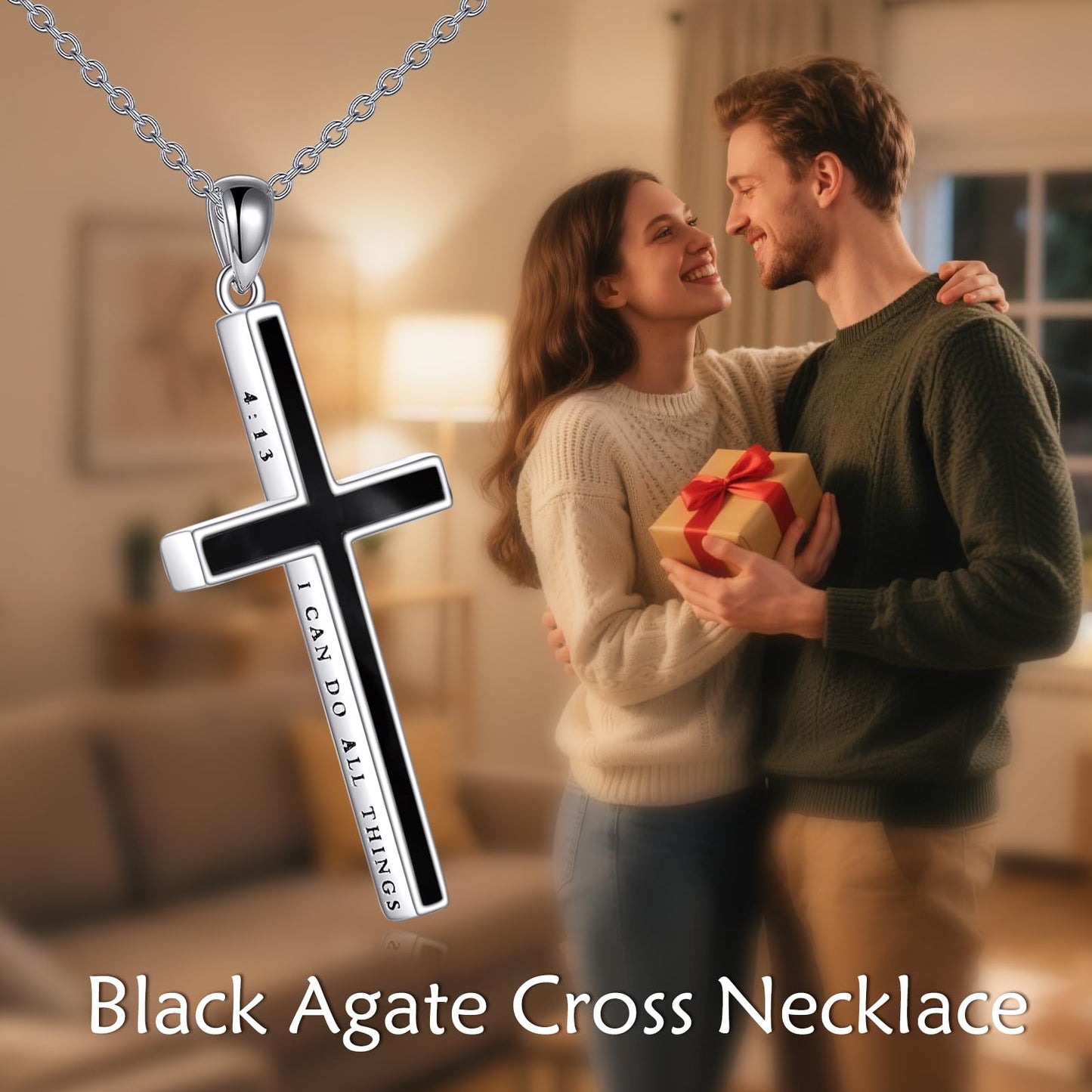YFN I Can Do All Things Cross Necklace Sterling Silver Black Onyx Cross Pendant Thin Cross Jewelry Gifts for Women Men