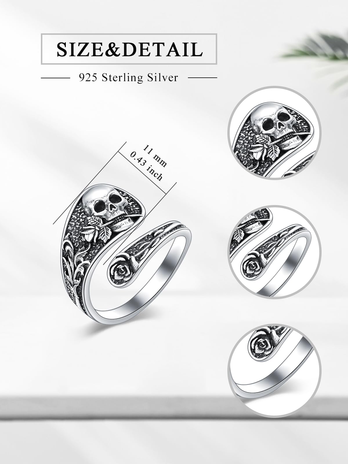 Midari Skull Rose Spoon Rings for Women Sterling Silver Skull Ring Adjustable Punk Skull Rings Skull Rings Open Antique Spoon Rings Jewelry for Women Hallowee Birthday Christmas Gifts(Customization)