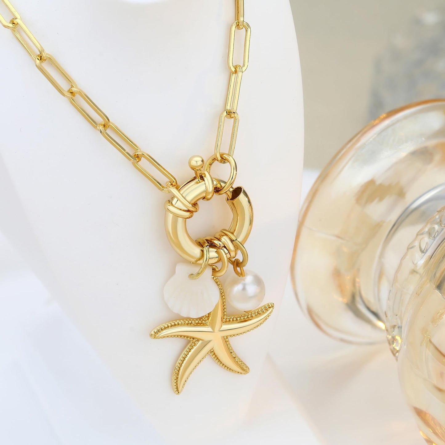 MISS RIGHT Gold Necklace for Women, Dainty 18k Gold Plated Starfish SeaShell Pearl Cute Boho Pendant DIY Charm Necklace,Non Tarnish Adjustable Chunky Paperclip Chain Jewelry for Summer Beach Vacation