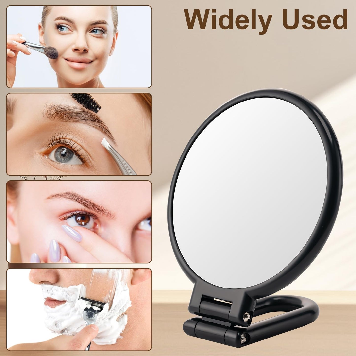 BOOMIBOO 1X/10X Magnifying Handheld Mirror Double Sided, Foldable Travel Makeup Mirror, Adjustable Rotation Pedestal Hand/Hanging/Desk Vanity Mirror-Black