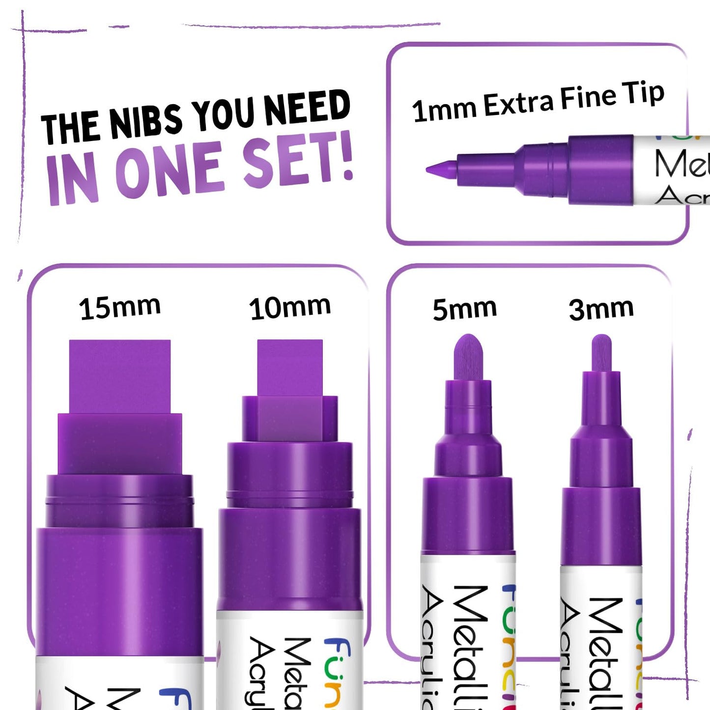 5 Metallic Acrylic Purple Paint Pen - Extra Fine Tip, Thin & Jumbo (1mm, 3mm, 6mm, 10mm, 15mm) - Markers for Fabric, Metal, Plastic, Canvas, Wood, Rock Painting, Glass, Purple Permanent Marker