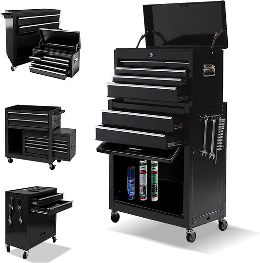 8-Drawer High Capacity Rolling Tool Box with Wheels,Rolling Tool Chest with Drawer,Tool Box on 4 Wheels with Lock, Tool Storage Cabinet Removable Portable Box for Garage Warehouse (Black)