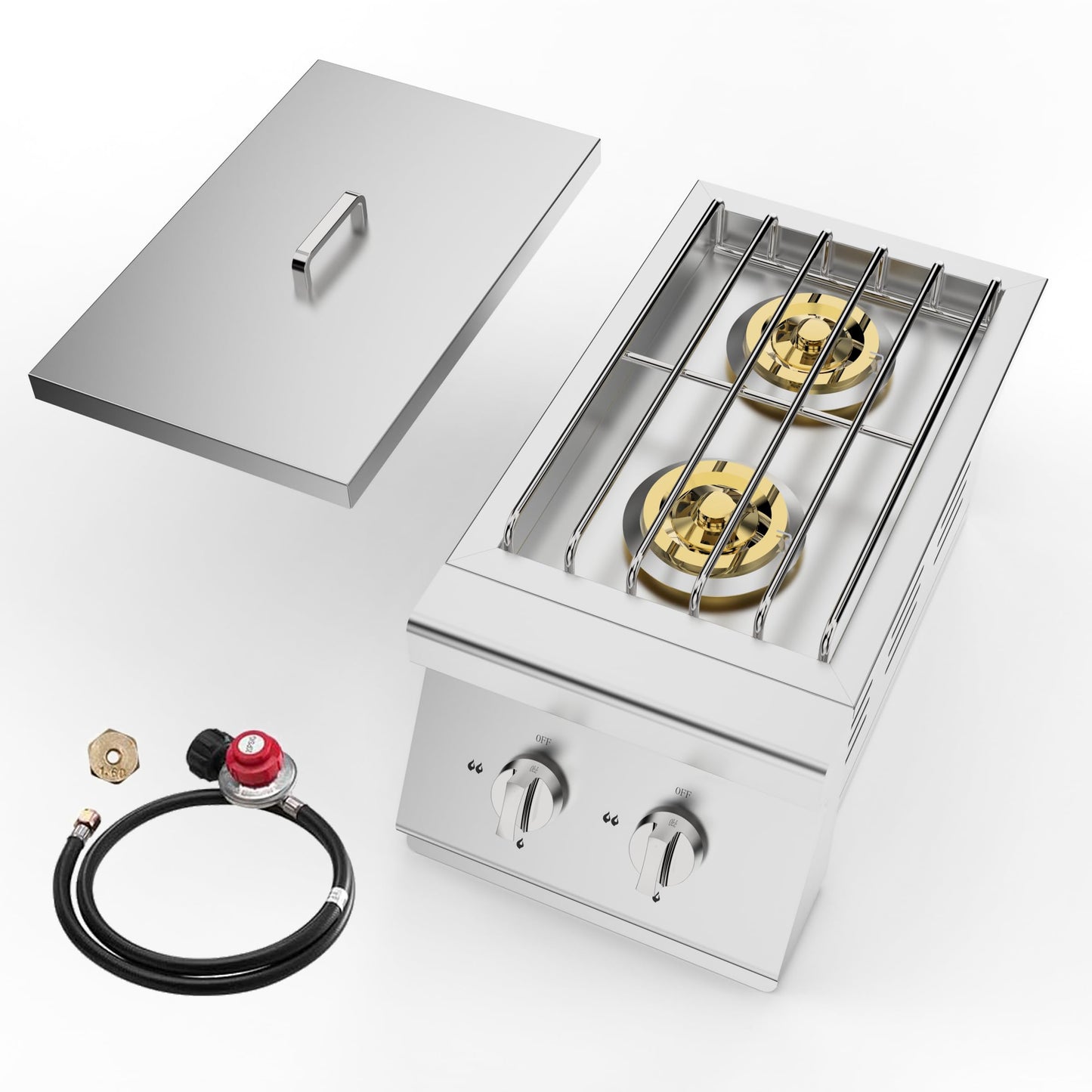 FammyLoft Liquid Propane Double Side Burners, 2x15,000BTU Built-in Double Grill Burners, Convertible to Natural Gas, 304 Stainless Steel Double Burners with Lid for BBQ Grill Island, Outdoor Kitchen