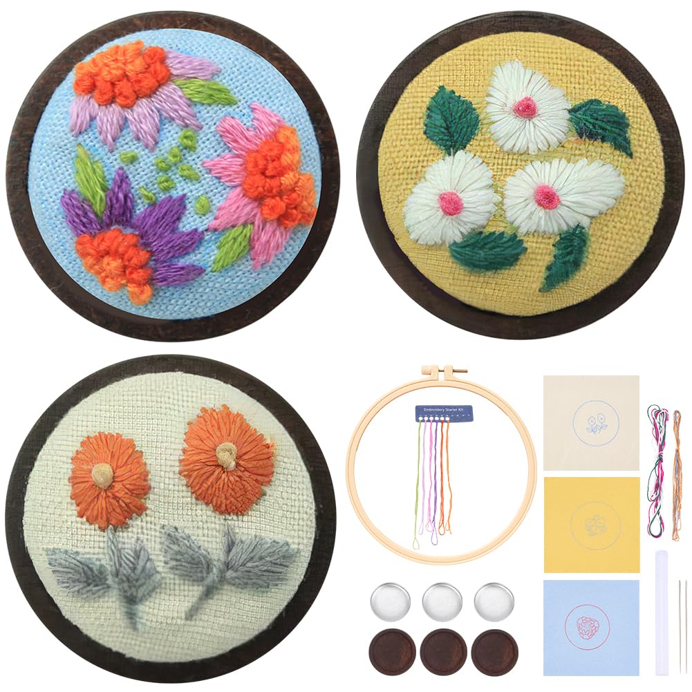 WEBEEDY 3 Sets Flower Brooches Embroidery Kit DIY Hand Sewing Kit for Beginners,Embroidery Stitch Kit for Adults Women Ladies with Embroideries Pattern and Instruction Wedding Party Brooch Pin Gift