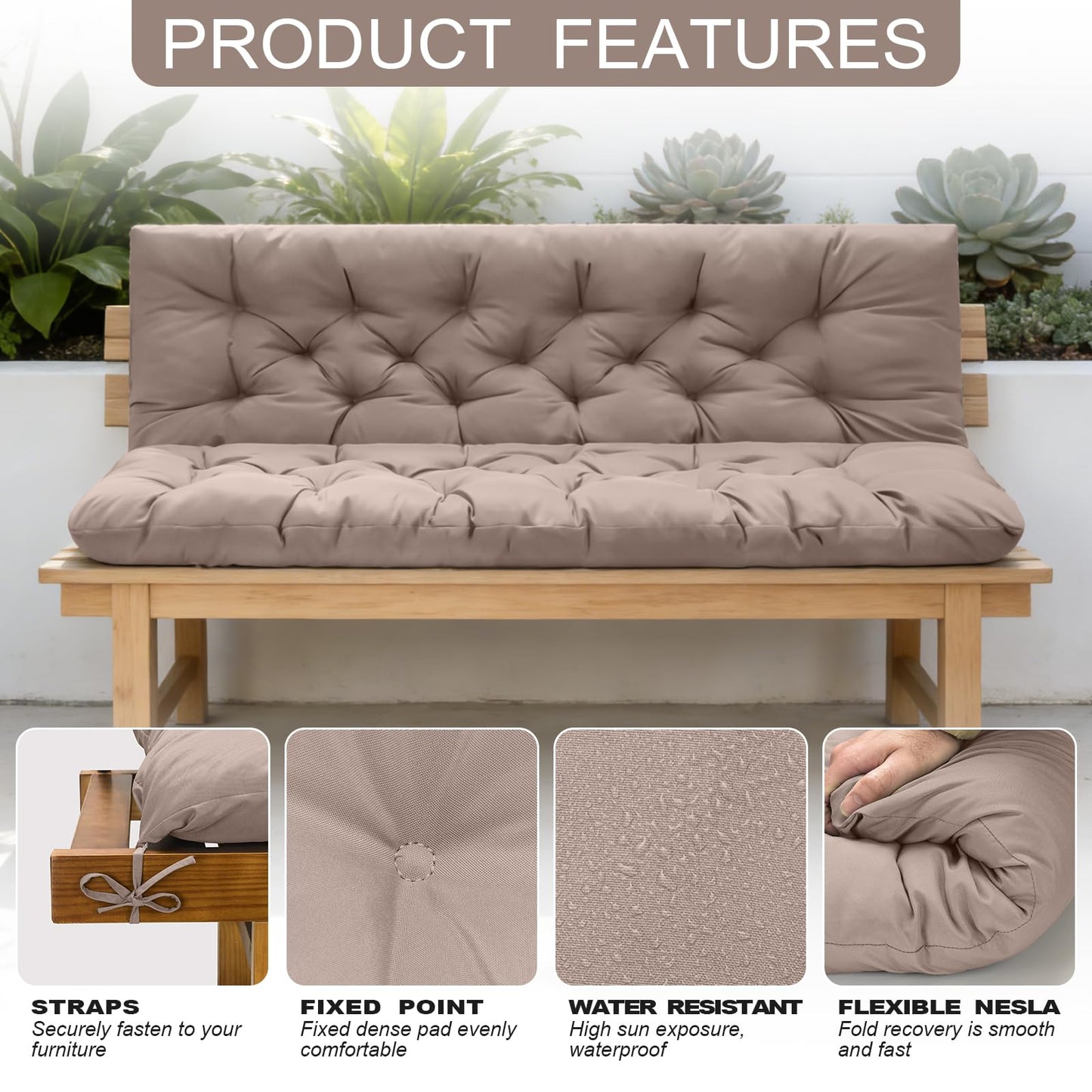 LCYY.TG Porch Swing Cushions, Outdoor Swing Replacement Cushions 3 Seater with Backrest, Waterproof Bench Cushion with Ties,for Patio,Porch, Garden,Backyard