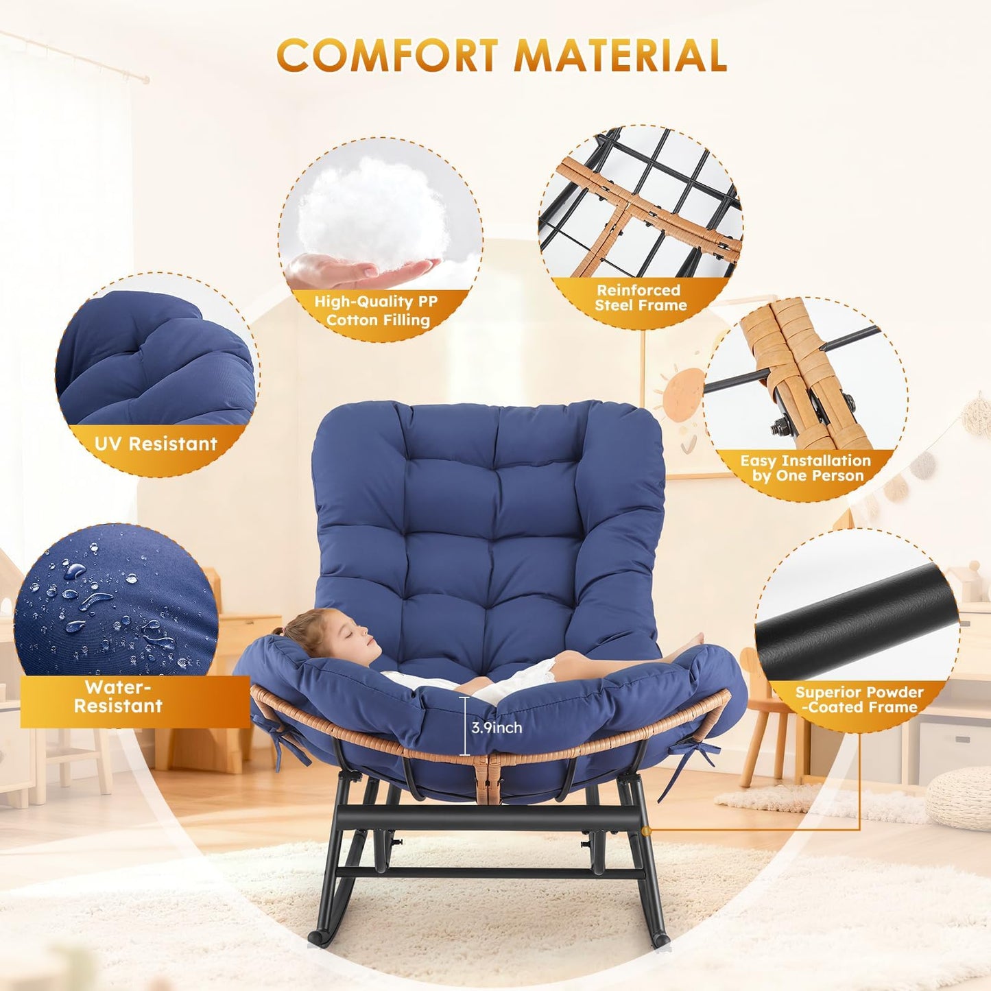 GAOMON Papasan Rocking Chair with Foot Rest, Papasan Chair with Thick Removable Cushion and Metal Frame, Lounge Chairs and PE Rattan Rocker for Patio, Garden, Lawn, Living Room and Relaxation Space