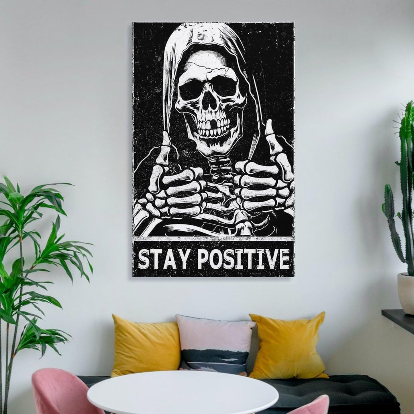MAIHAIBAO Funny Stay Positive Skull Canvas Wall Art - Dark Humor Grim Reaper Poster - Motivational Gothic Decor for Bedroom & Office - 12x18 Inch (Unframed)