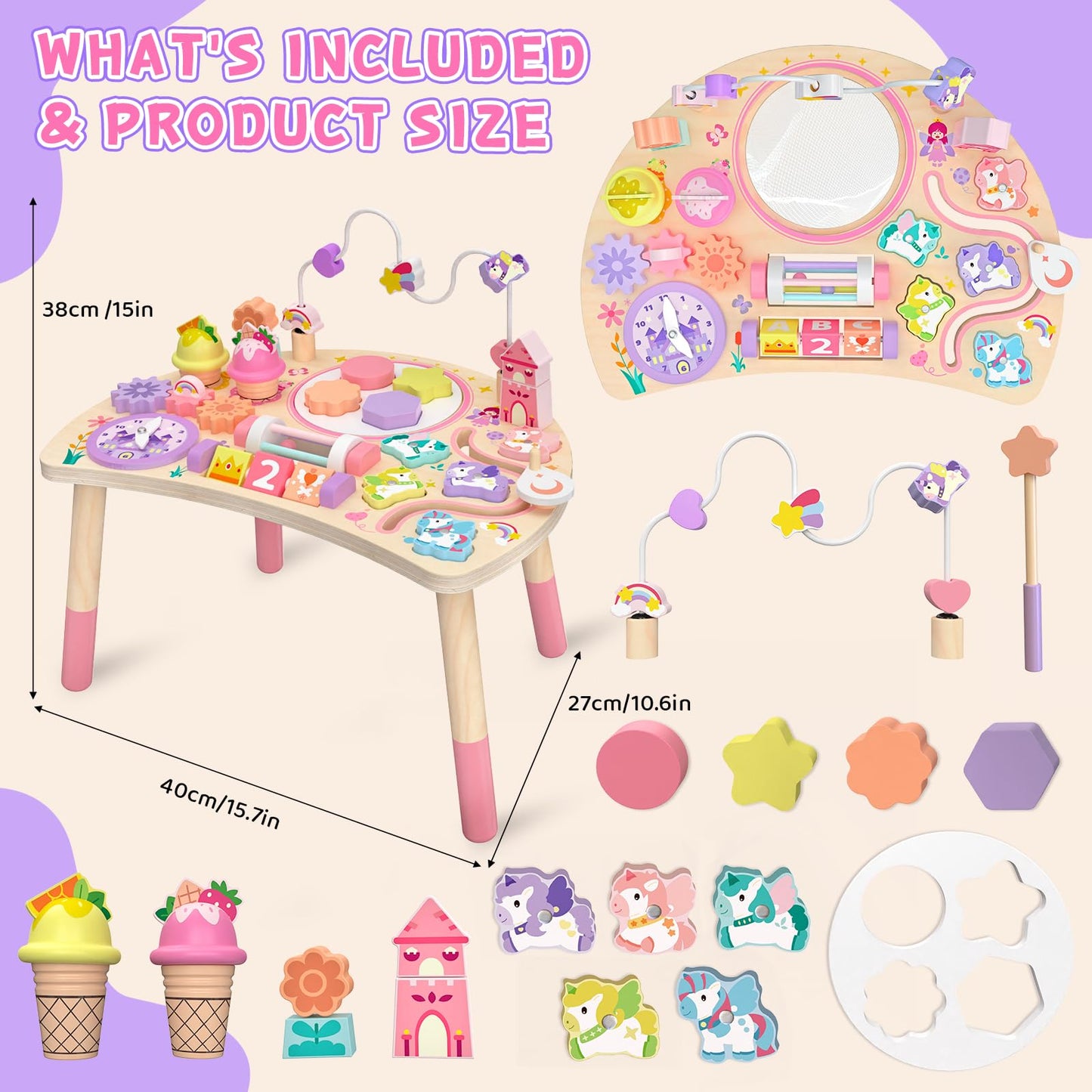 Hewaurorion Wooden Activity Table for Toddlers 1-3, Unicorn 10-in-1 Montessori Busy Board with Bead Maze Shape Matching Gears Clock, Sensory Learning Toys for 1 2 3 Year Old Girls Boys Birthday Gift