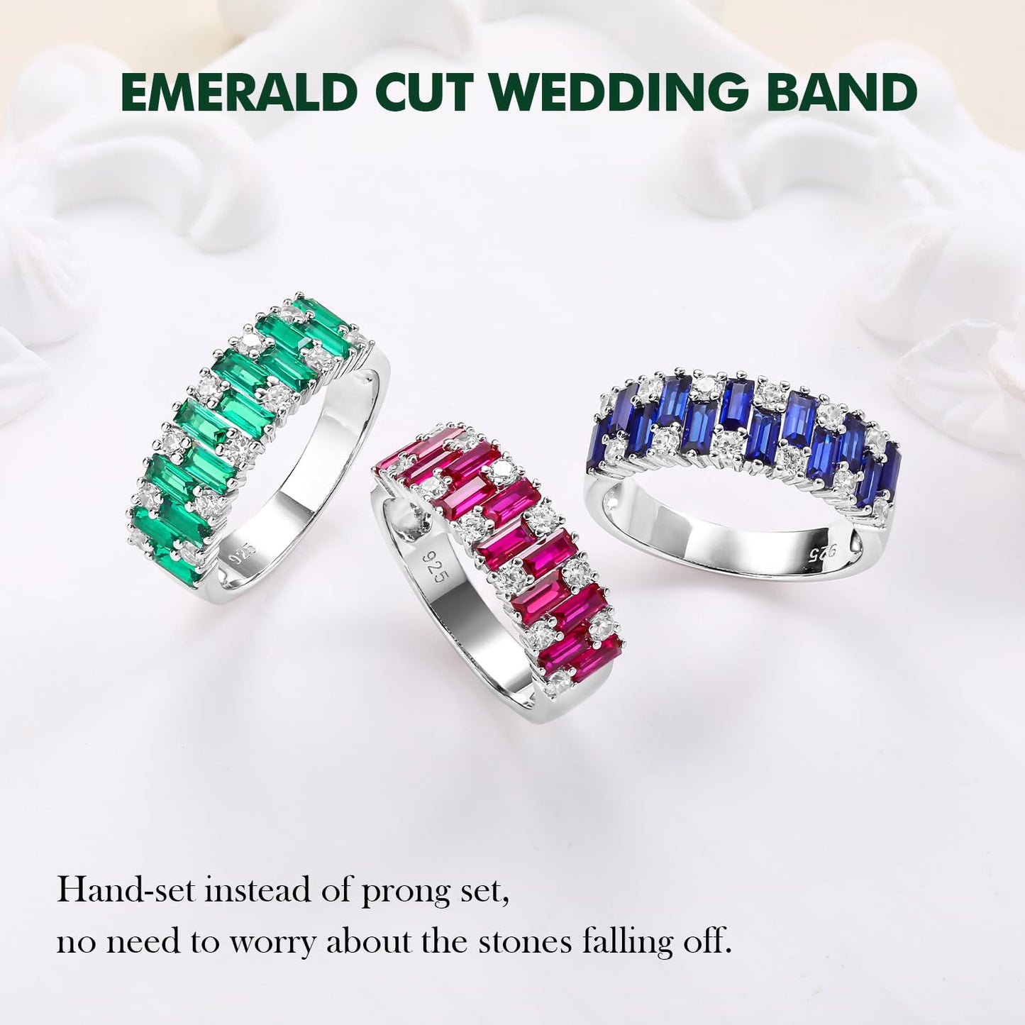 RANDES Sapphire Band Rings for Women 925 Sterling Silver Emerald Cut Eternity Band Blue Ring September Birthstone Ring Size 6