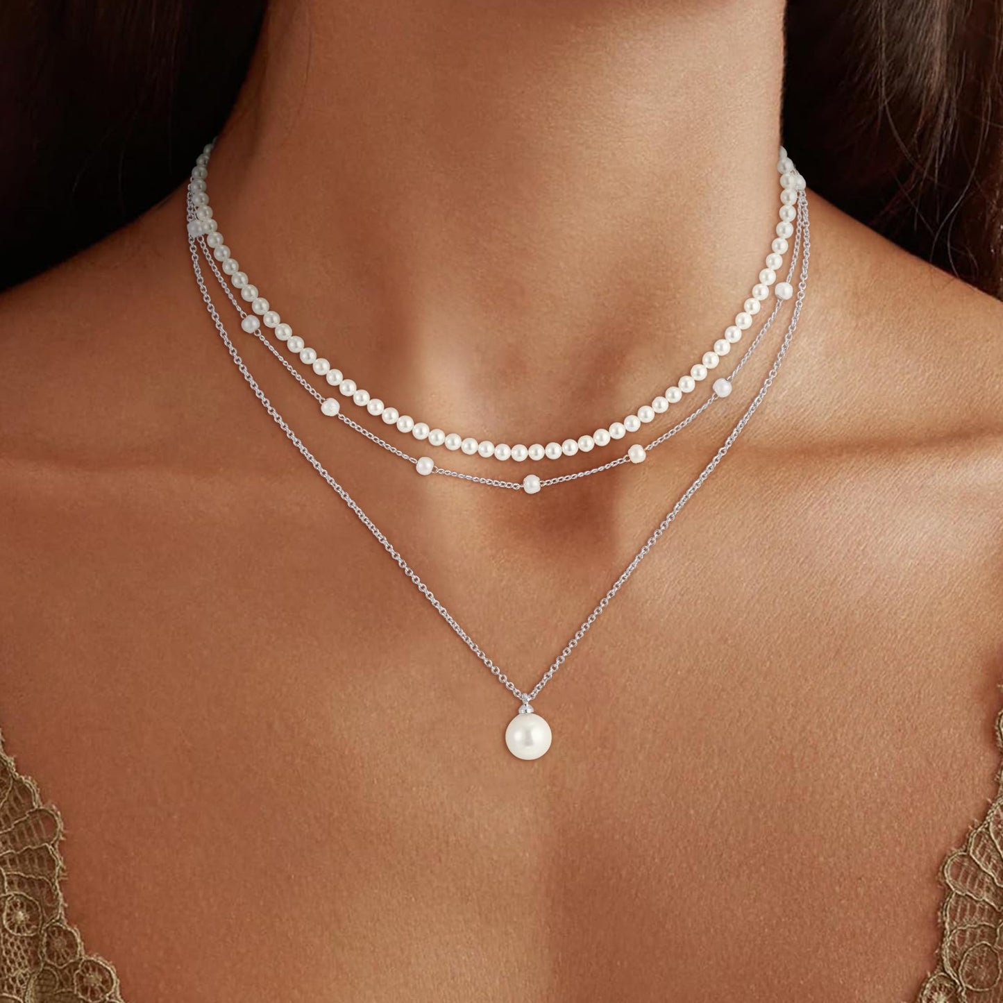 Fezodo Pearl Necklaces for Women Trendy, Dainty Silver Pearl Necklace Simple Layered Pearls Choker Necklace Stack Cute Pearls Wedding Bride Jewelry Silver Layered Necklaces for Women Jewelry Gifts