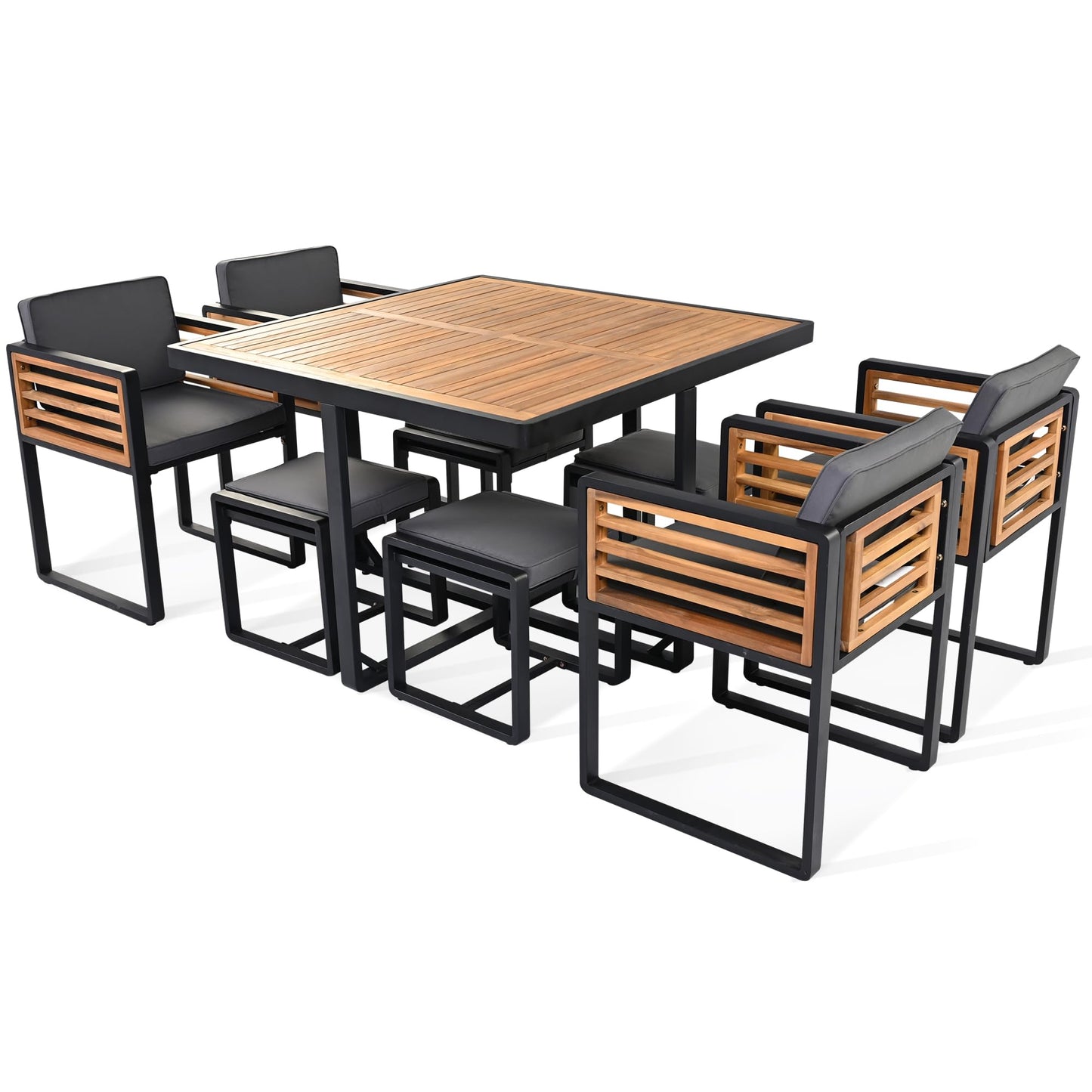 Merax 9 Pieces Outdoor Dining Set for 8 People, Acacia Wood Patio Furniture Sets with 1 Square Table, 4 Cushioned Chairs and 4 Ottomans for Backyard, Garden, Lawn, Poolside, Space Saving Design, Gray