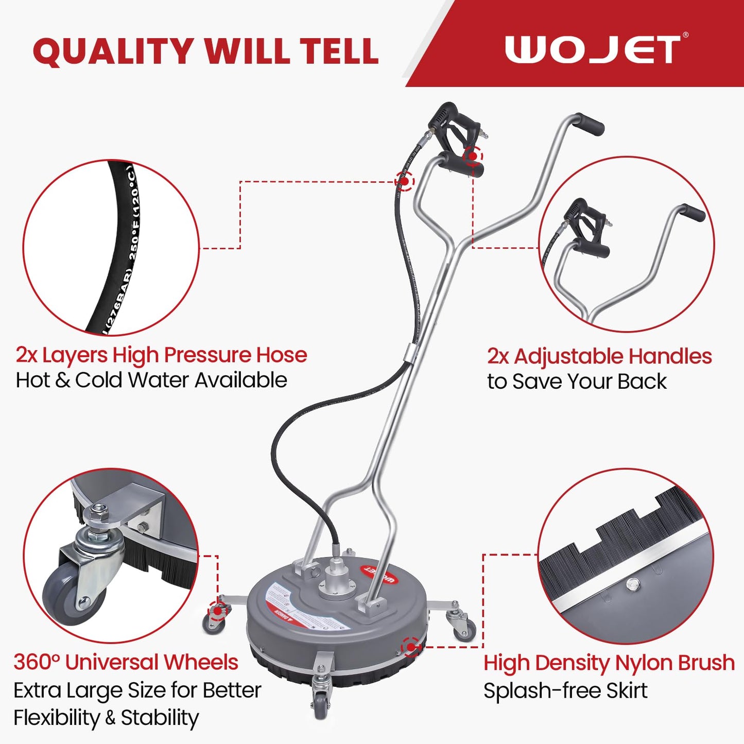 WOJET 18” Pressure Washer Surface Cleaner with 4 Wheels & Dual Handles, 4500PSI Surface Cleaner Attachment for Pressure Washer for Concrete Driveway Sidewalk Deck Patio Cleaning, 3/8'' Quick Connect
