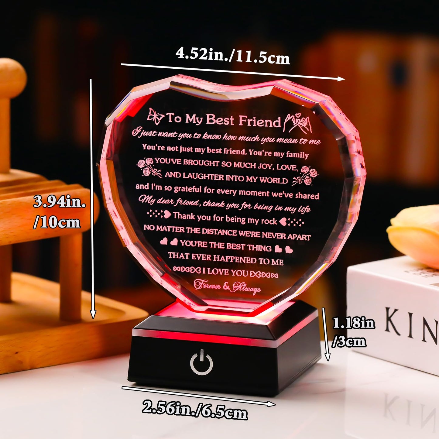 Arikyrist Best Friend Birthday Gifts with LED Base Crystal Heart Friendship BFF Gifts for Women Best Friend Bestie Gift Ideas for Women Gift for Female Friends on Christmas Wedding Valentine's Day