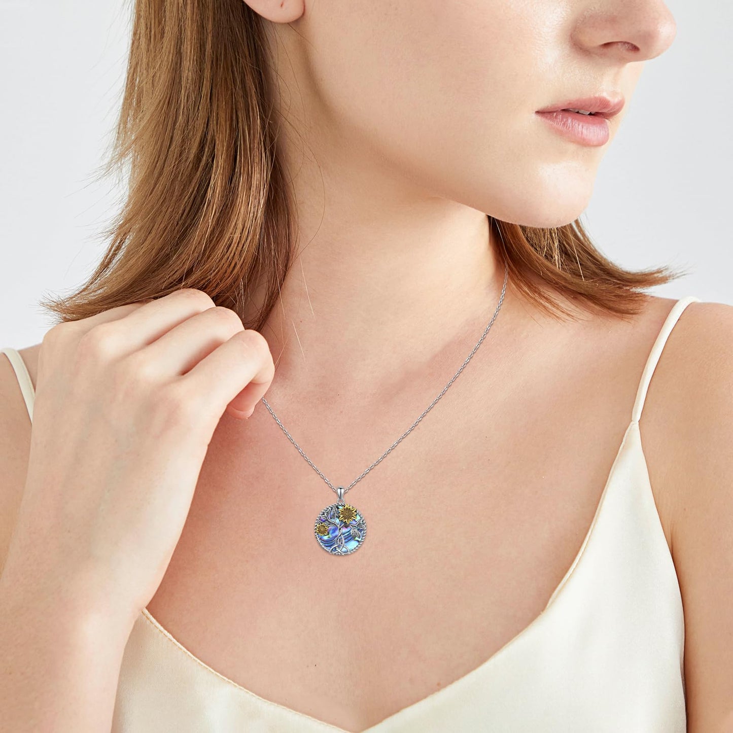 CHENGHONG Sunflower Abalone Necklace 925 Sterling Silver Tree of Life Pendant Necklace You are My Sunshine Sunflower Jewelry Gifts for Women