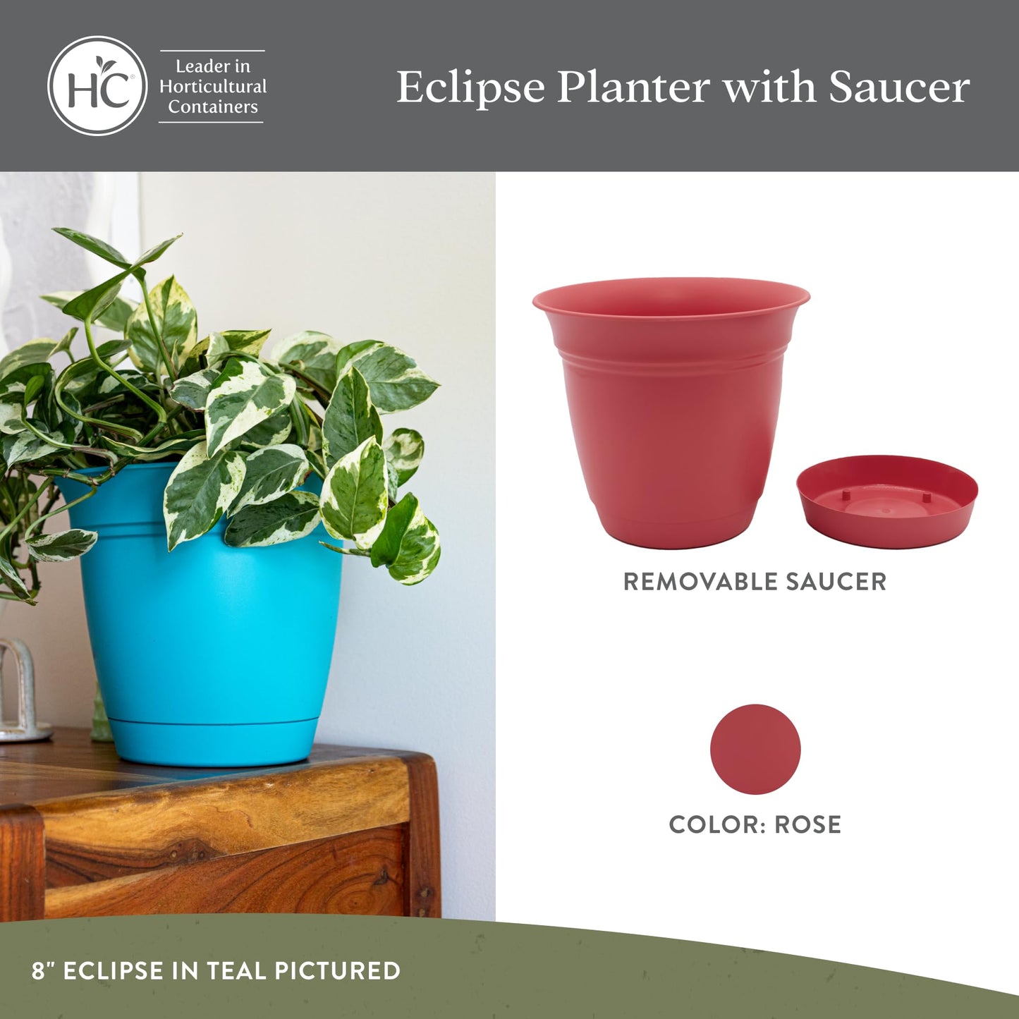 The HC Companies 6 Inch Eclipse Round Planter Pots with Drainage Holes & Attached Saucer, Lightweight UV-Resistant Plastic Indoor & Outdoor Planters, 4-Pack Flower Pots for Garden & Home Decor, Rose