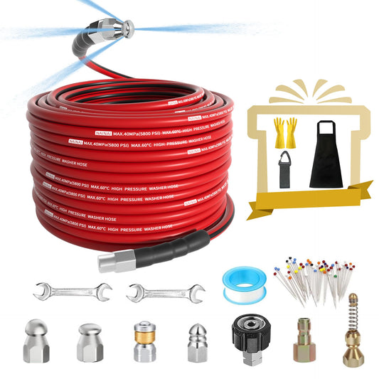 NaiNai 50FT Sewer Jetter Kit for Pressure Washer,1/4 Inch NPT Sewer Jetting Hose,Pressure Washer Drain Cleaner Hose 5800PSI with Sewer Jetter Nozzles, Gloves, Waterproof Tape, Apron (50FT)
