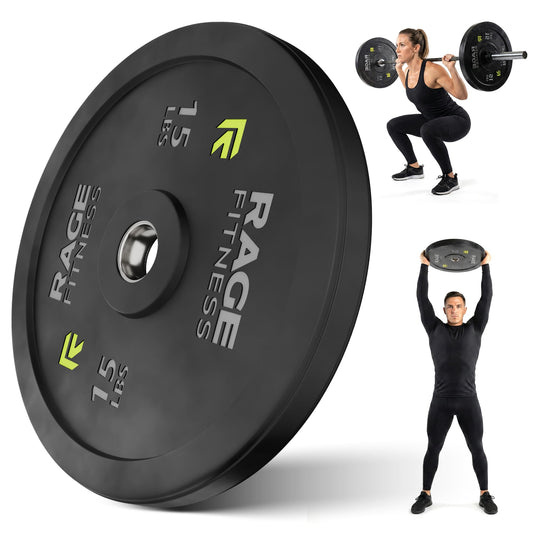 Rage Fitness Olympic Bumper Plates – Rubber-Coated Weight Plates with Steel Insert for Strength Training & Home or Commercial Gyms (10–45 lb, Sold Individually)