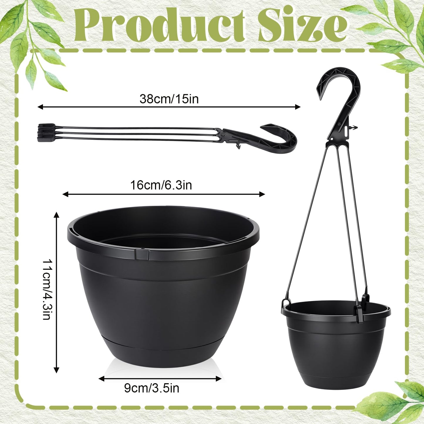 Roshtia 50 Pcs 6.3 Inch Plastic Hanging Pots for Plants Bulk with Hooks Hanging Basket Planters Pots Drainage Tray Nursery Planter Holder for Outdoor Indoor Plants Flowers Garden Balcony Porch Black