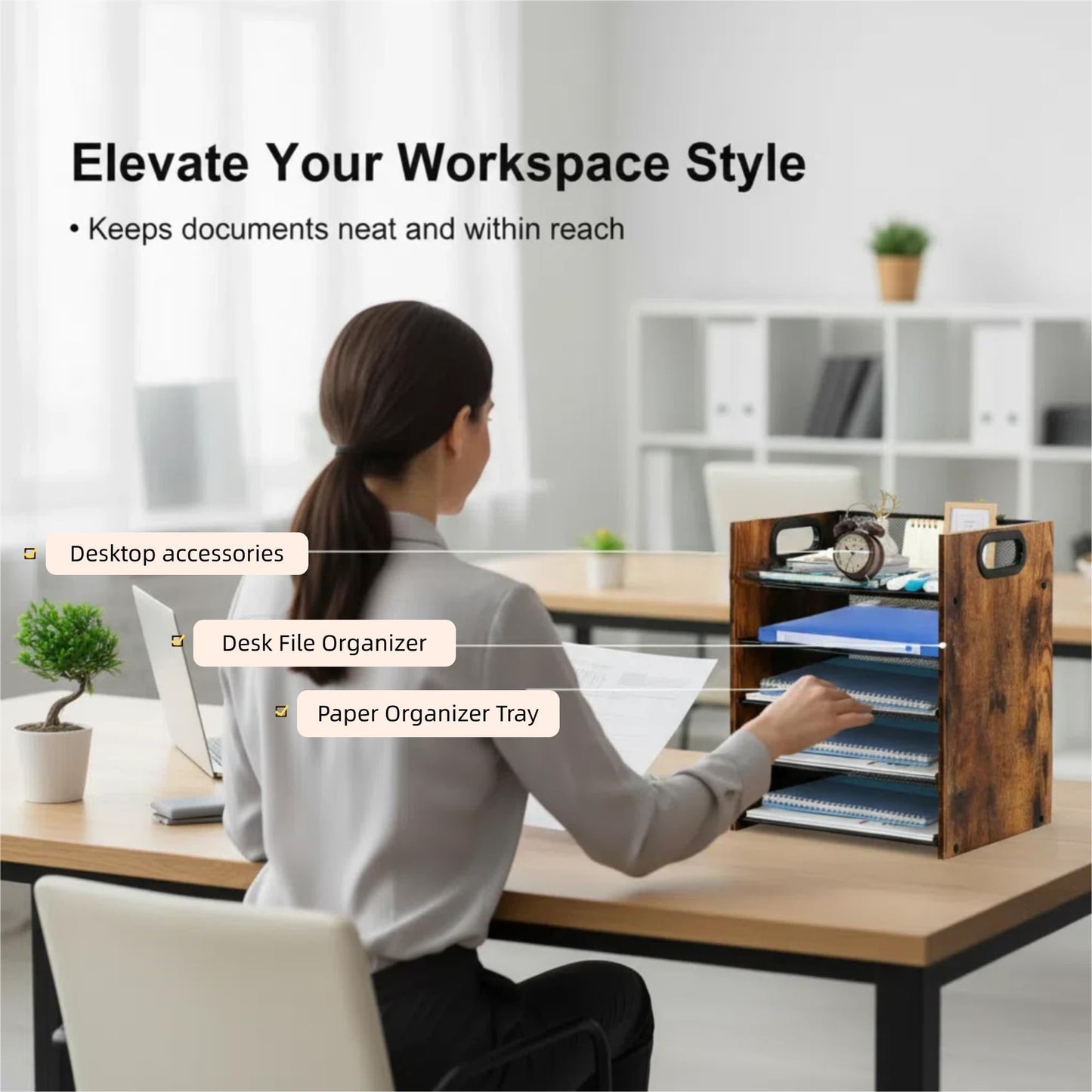 Boershun Wood Desk Organizer - 5-Tier Desktop File Organizer, Wooden Paper Tray, Office Desk Organzier and Accessories for Papers, Mail, Notebooks, Stationery