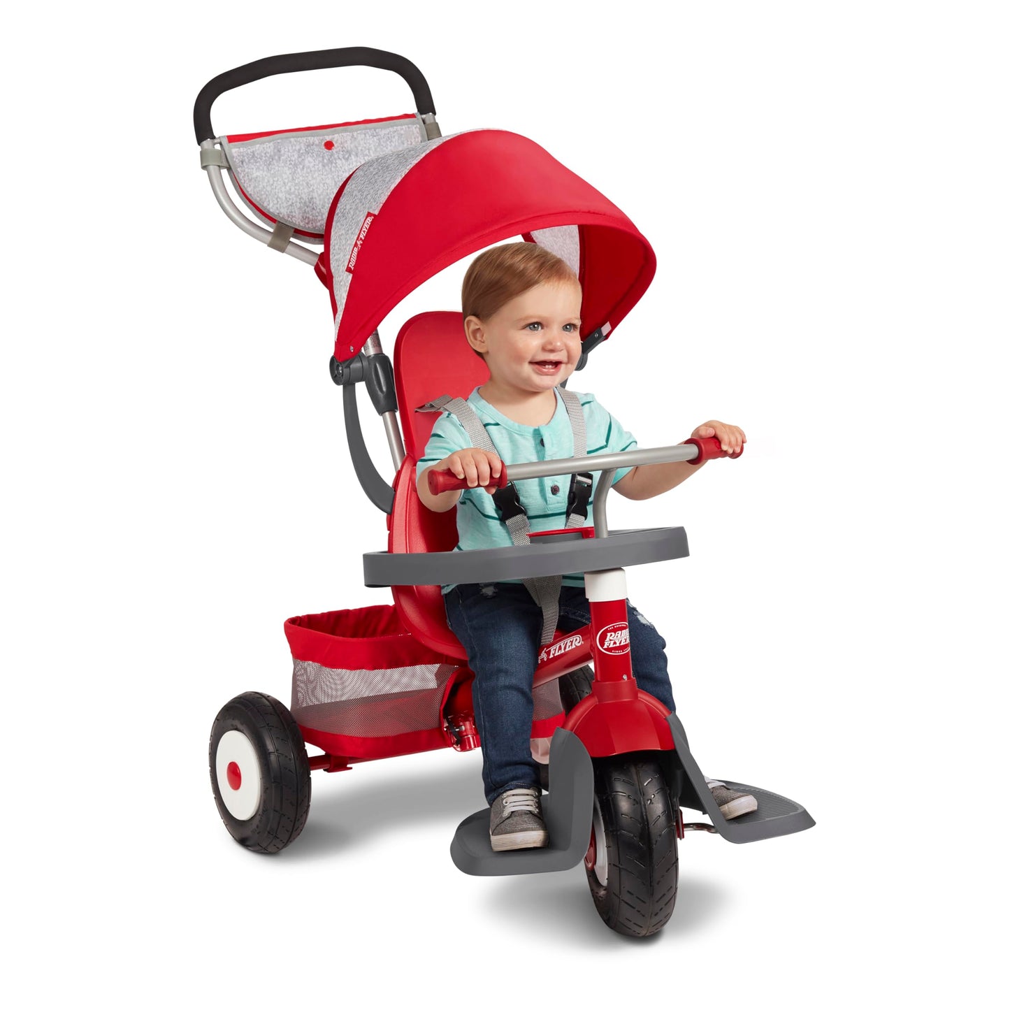Radio Flyer Ultimate All-Terrain Stroll 'N Trike, Ages 1-5, Convertible 4-in-1 Tricycle, All-Terrain Tires, Parent Push Handle, UV Canopy, Accessories, Safety Harness, Stroller Tricycle for Toddlers