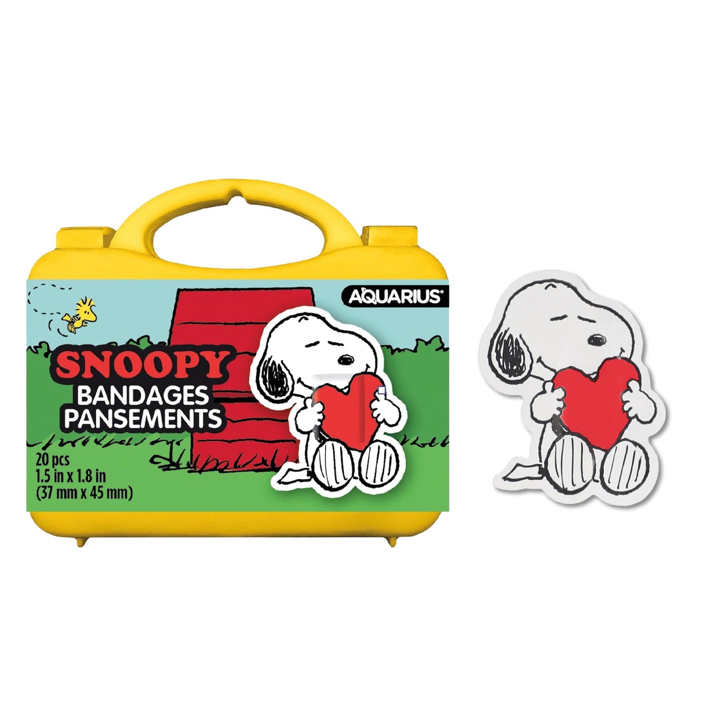 AQUARIUS Peanuts Snoopy Adhesive Bandages – 20 Count Cartoon Snoopy Bandages in Travel Case, Kids First Aid Supplies, Latex-Free Nonstick Sterile Plasters for Minor Cuts