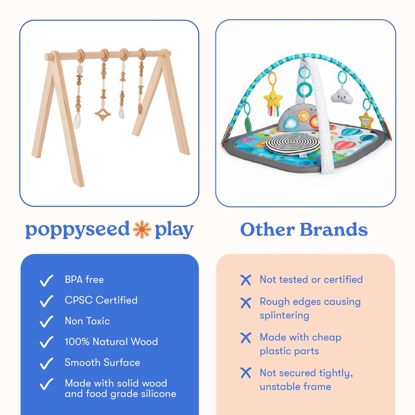 Poppyseed Play Wooden Baby Play Gym | Montessori-Inspired Activity Center with 4 Hanging Toys | Natural Wood & Silicone | Ideal for Tummy Time, Sensory Play & Motor Skill Growth | 0-12 Months