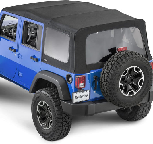 MasterTop Premium Replacement Fabric Only Soft Top - Fits Jeep Wrangler JK 4-Door 2010-2018 - Zip Up Removable Windows - DOT Approved 31% Window Tint - Upgraded Cable Style Design, Black MasterTwill