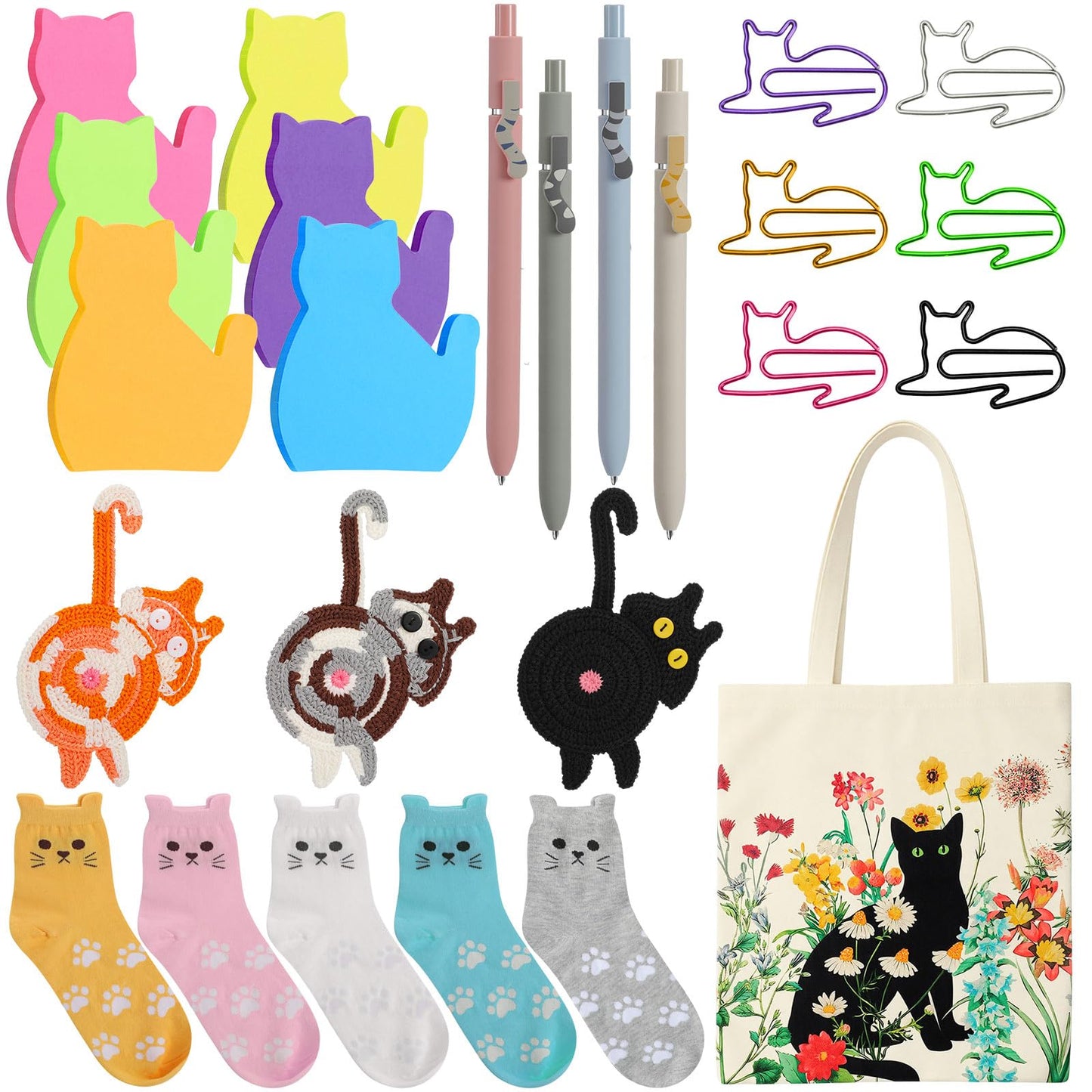 Cat Lover Gift Set for Women, 25 Pack with Tote Bag, Socks, Pens, Sticky Notes, Paper Clips and Crochet Coasters, Teacher Appreciation Gifts for Women, End of School Year