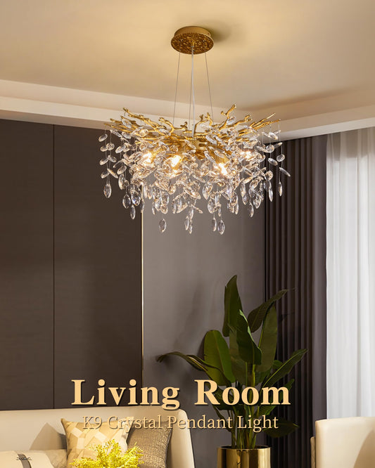 witkey Modern Tree Branch Crystal Chandelier Luxury Gold Crystal Pendant Lighting 23.6" Contemporary 8-Light Chandeliers for Dining Room Kitchen Bedroom Living Room