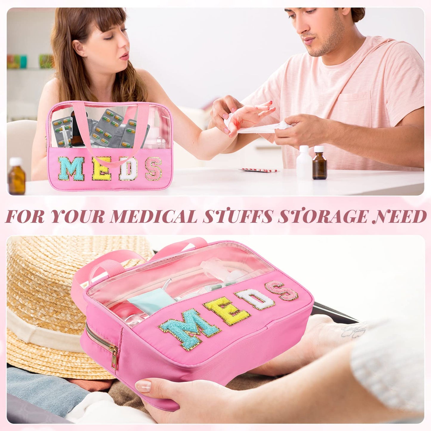 Silkfly Chenille Letter Medicine Meds Medical Bag Makeup First Aid Bag for Travel Preppy PVC Nylon Emergency Patch Cosmetic Toiletry Storage Pouch Waterproof with Handle Zipper for Women(Classic)