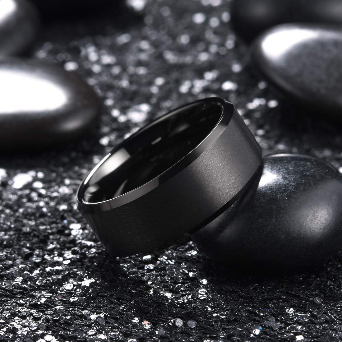 King Will 9mm Men's Black Wedding Ring - Brushed Matte Surface, Beveled Polished Edge, Comfort Fit Size 14