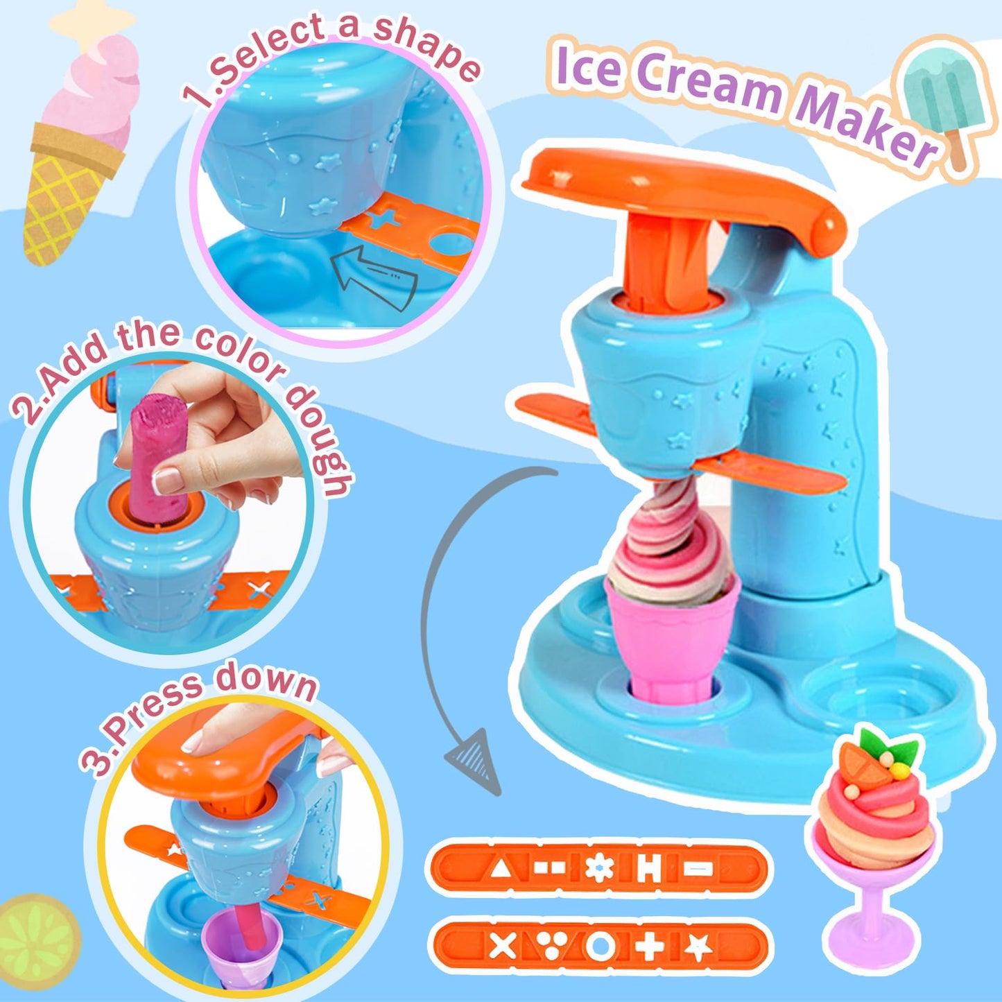 Crelloci 3 in 1 Color Dough Kitchen Creations Set, Ice Cream Spaghetti Burger Maker Machine, Art Crafts Food Modeling Toys, Accessories Tools Kit for Boys Girls Kids Toddlers Ages 3+ (12 Colors Dough)