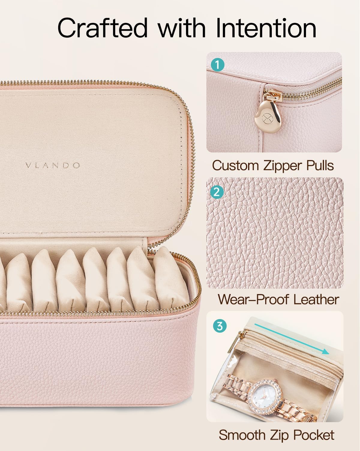 VLANDO Teacher Gifts for Women,Jewelry Box with 12 Velvet Jewelry Bags Travel Jewelry Case for Mothers Day Mom Gifts, Jewelry Organizer for Travelers Birthday Gift Ideas for Women (Pink)