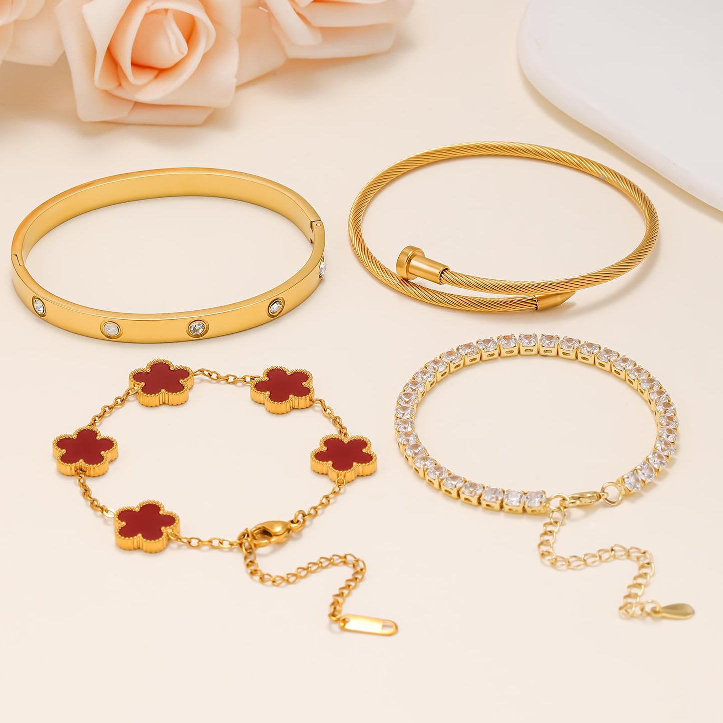 Gold Bracelets for Women, 18K Gold Plated Women Tennis Bracelets Clover Nail Love Bangle Bracelet Set, Gold Bracelet Stackable Set Trendy Jewelry, Gifts for Women's Day and Mother's Day (05-Color-red)