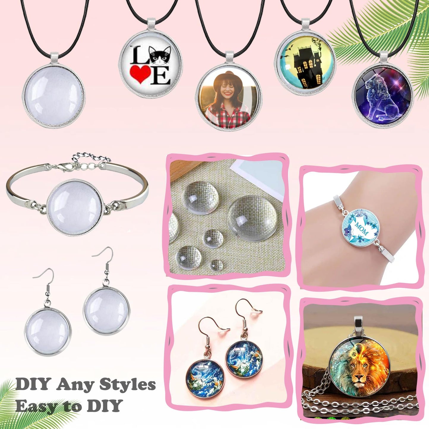 J6QIHANG Pendant Trays Set with Cabochon Glass, Round Pendant Bezel Blank Trays, Bracelet Bangles Earrings Hooks Blanks for DIY Photo Cameo Jewelry Crfats Making