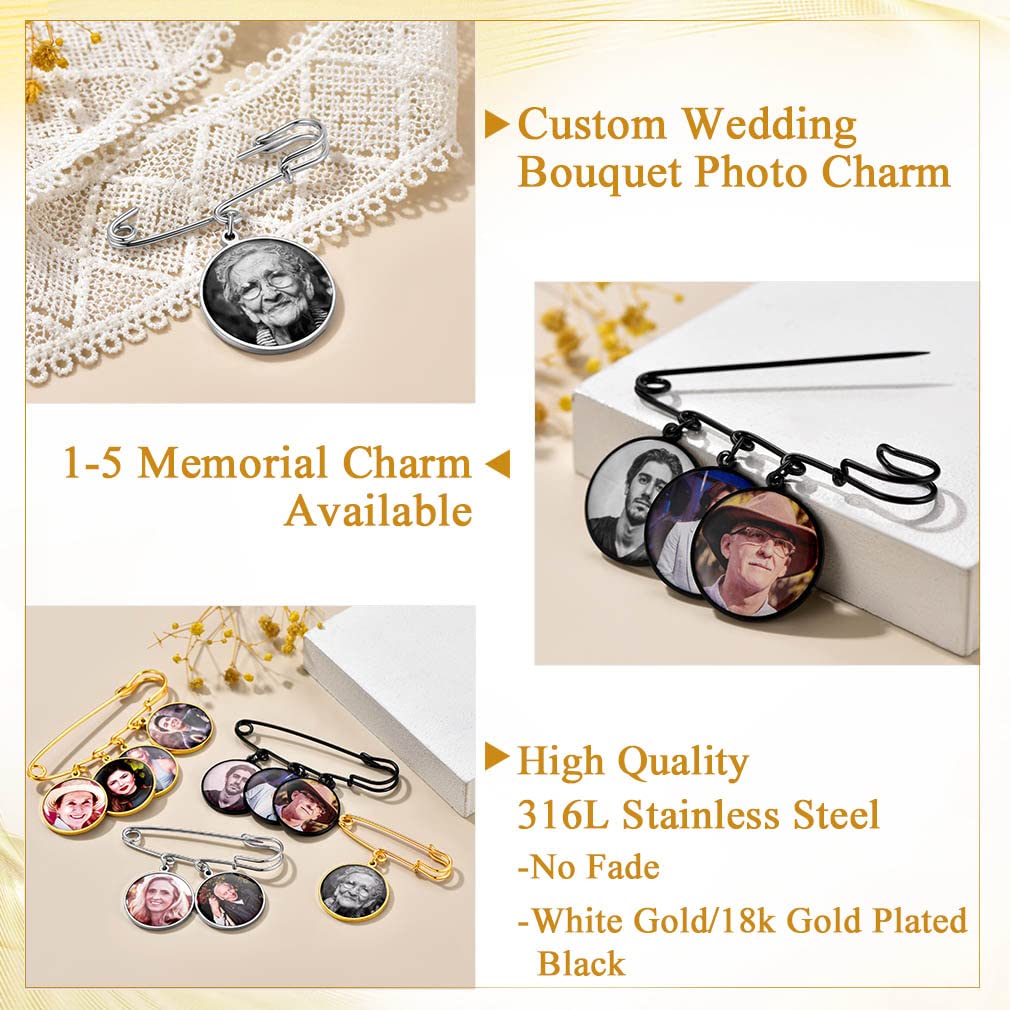 Custom4U Bouquet Brooches for Bridal Bouquets Round Shaped Memorial Photo Charms Wedding Funeral Bouutonniere Jewelry