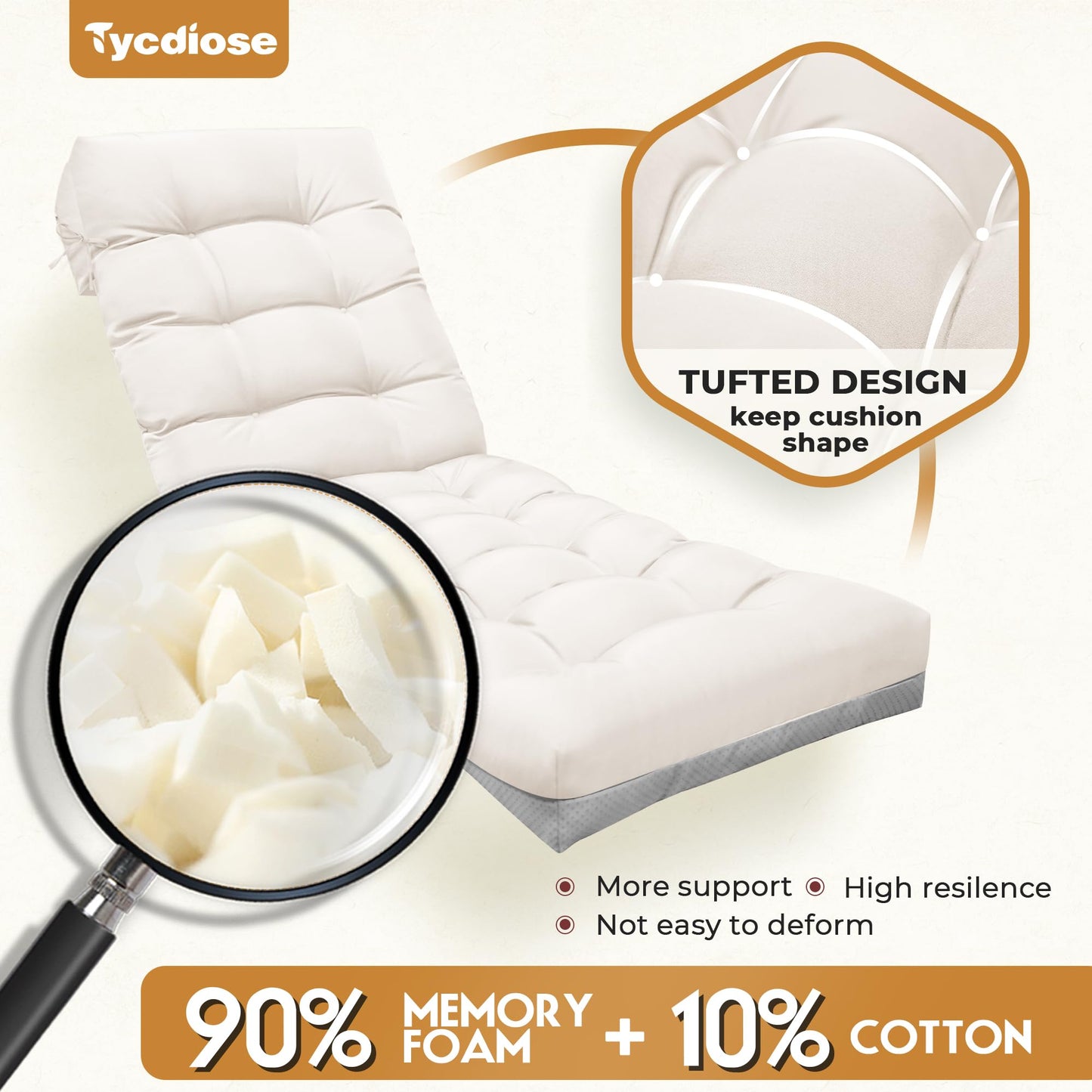 Tycdiose Outdoor Lounge Chair Cushion, Waterproof Replacement Chaise Lounge Cushions for Outdoor Furniture Thickened 71 x 22 x 4.7 Inches Non-Slip Patio Pool Lounge Chair Cushions with Ties (Cream)