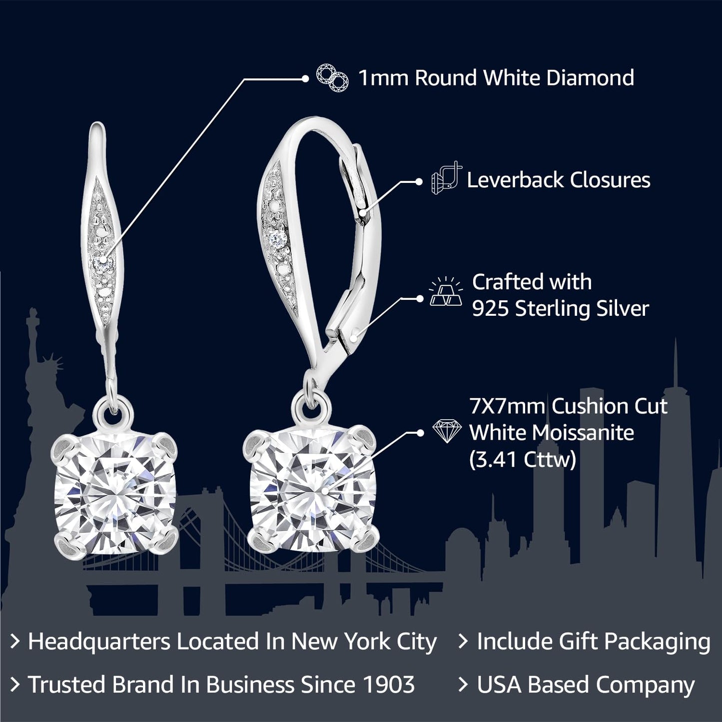 Gem Stone King Drop Dangle Earrings For Women | 7MM Cushion Cut Gemstone Birthstone and Diamond | 925 Sterling Silver | Jewelry Gift for Mom Wife Her | White Moissanite-April | Sterling Silver