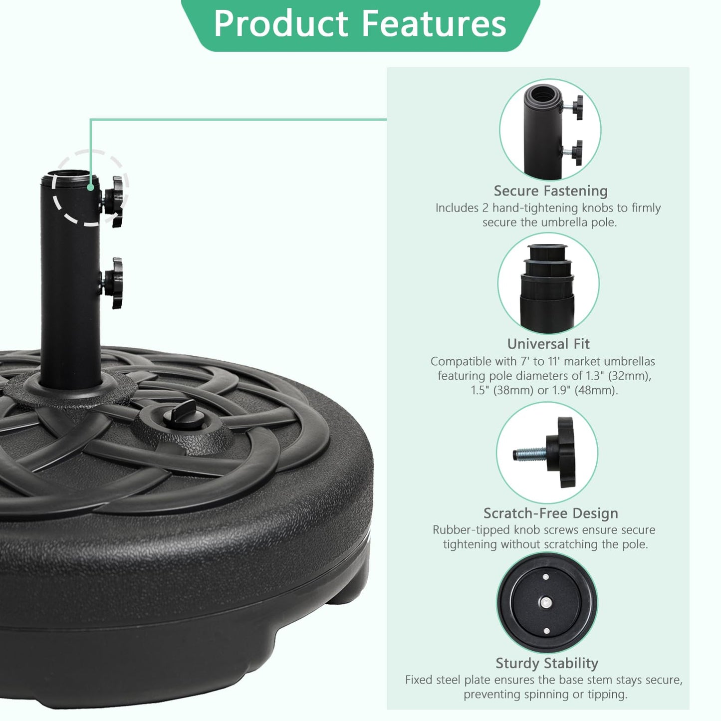 Helios&Hestia 112 lb Heavy Duty Round Umbrella Base, Plastic Water and Sand Fillable Outdoor Stand Weight for Patio Market Table Umbrella, Black