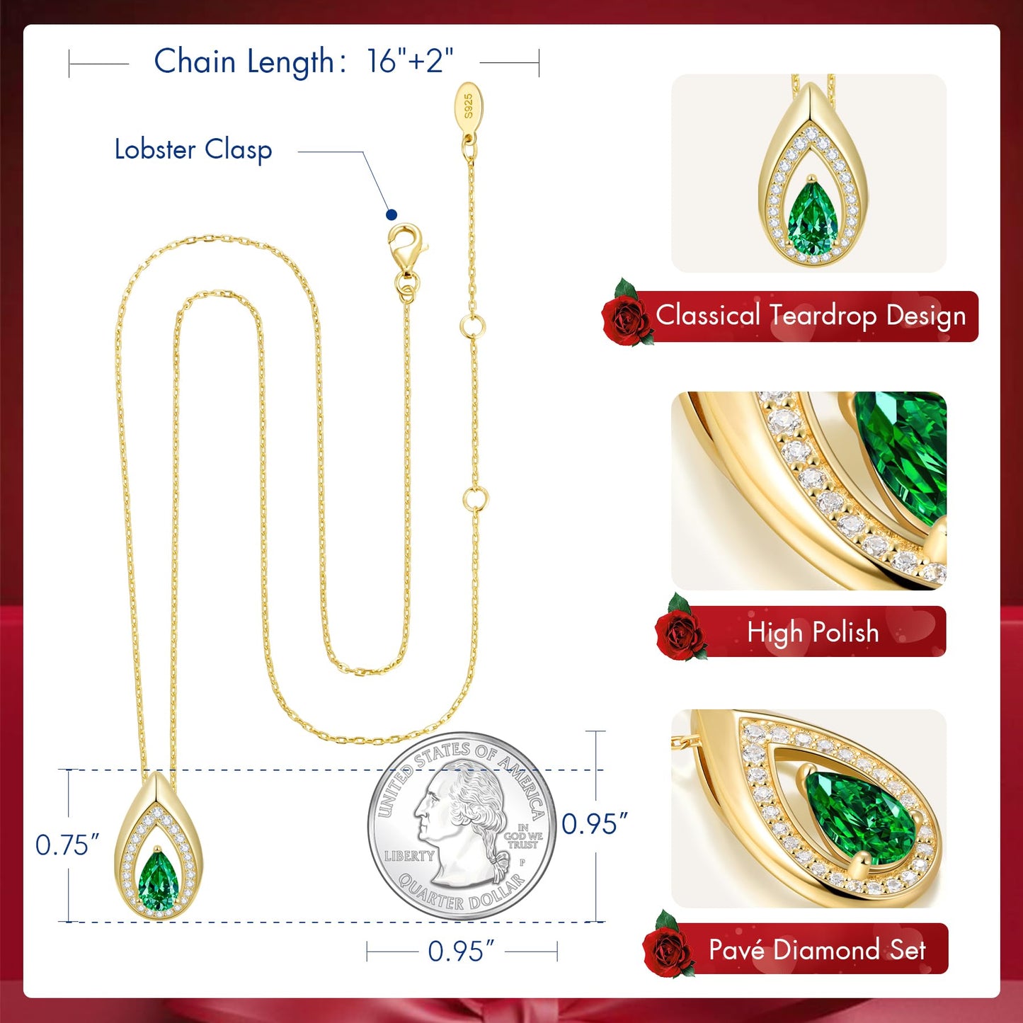 Kstyle 14k Gold Emerald May Birthstone Pendant Necklaces for Women Valentine's Day Birthday Gift Anniversary Jewelry for Wife Daughter Grandma Mom Sister Non Tarnish