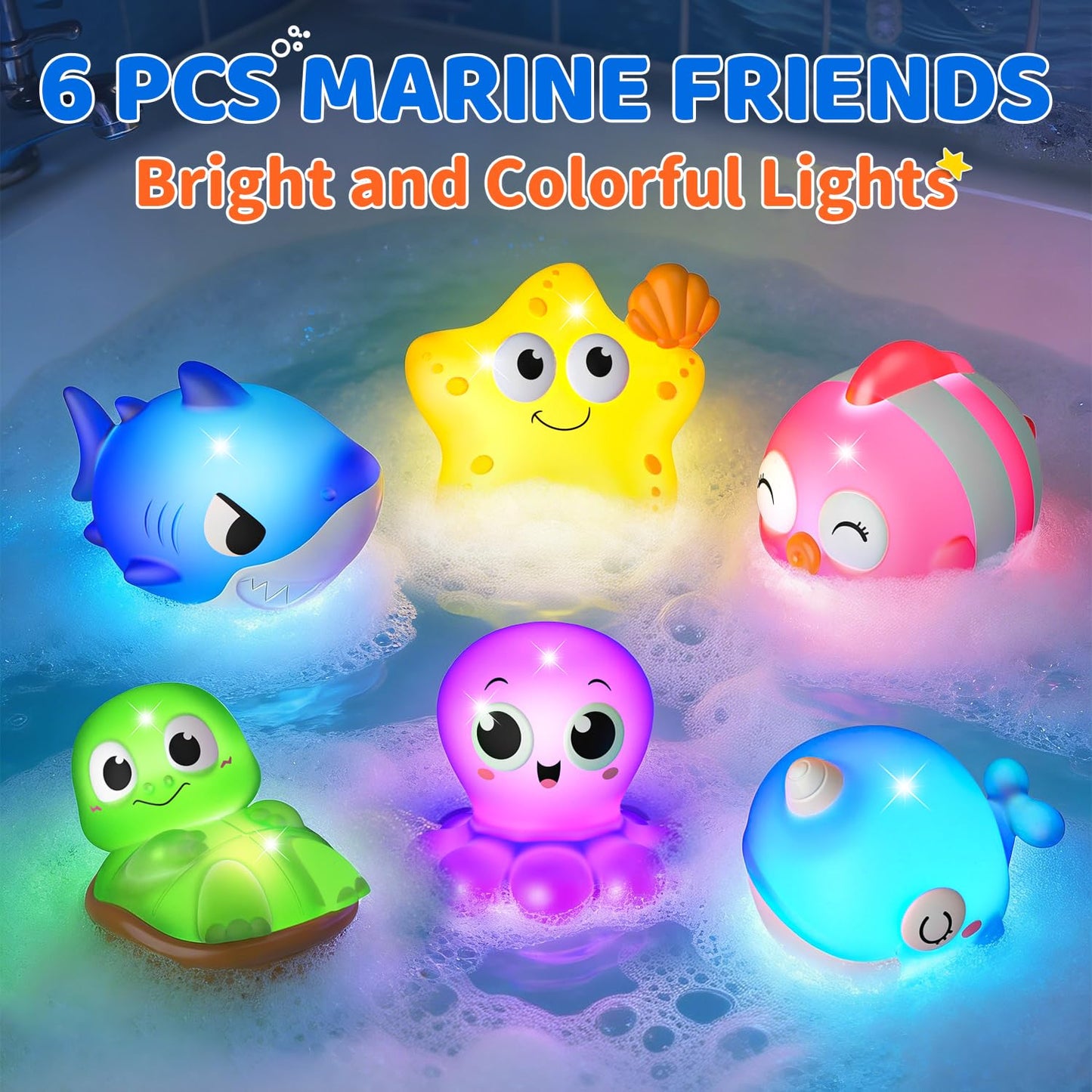 6 Packs Light Up Bath Toys for Kids Ages 1-3, Sea Animals Bathtub Toys for Baby 12-18 Months Toddlers 2-4, Water Activated Pool Toys for 1 2 Year Old Boy Girl Gifts