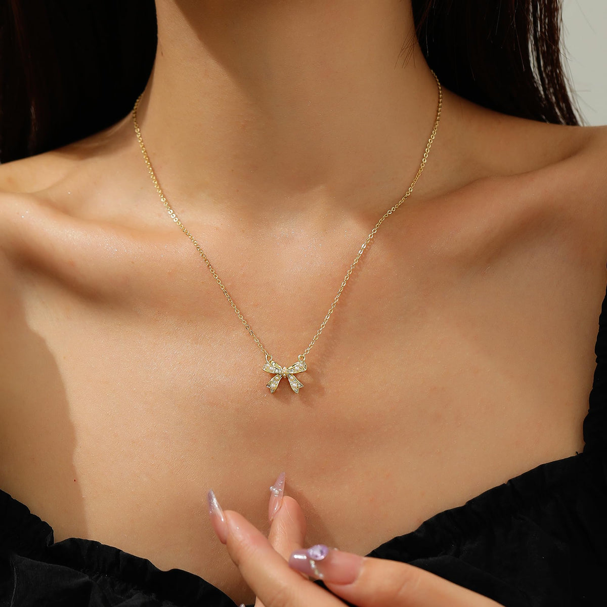 ANDKISS Bows Pendant Necklaces for Women - Dainty Necklace 14k Gold Plated Necklace Simple Gold Charm Jewelry For Women (Bow-1)
