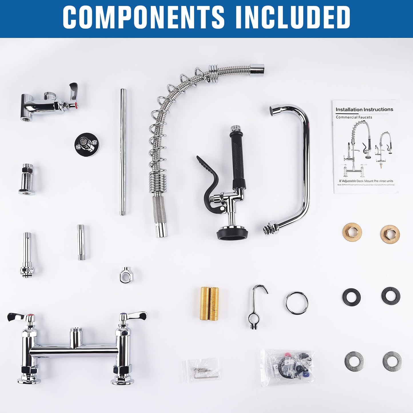 21" Height Commercial Sink Faucet Deck Mount with Pre-Rinse Sprayer, Commercial Kitchen Faucet with 8" Add-on Swing Spout Faucet & Spring Pull Down Sprayer, 8" Adjustable Center Kitchen Faucet