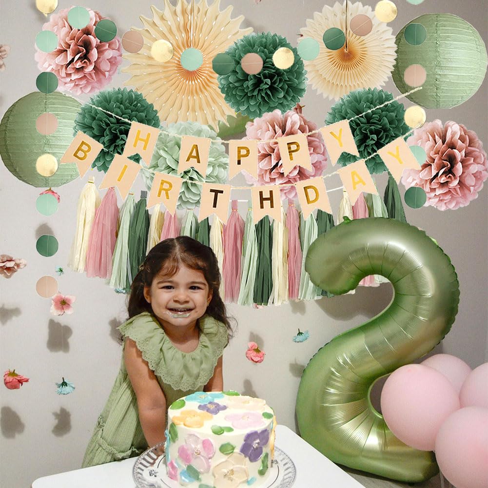 Sage Green and Pink Birthday Decorations Dusty Rose and Sage Green Happy Birthday Decor Retro Olive Sage Green and Dusty Pink Birthday Decorations for Women Girls with Tassel Garland Banner Beige Gold