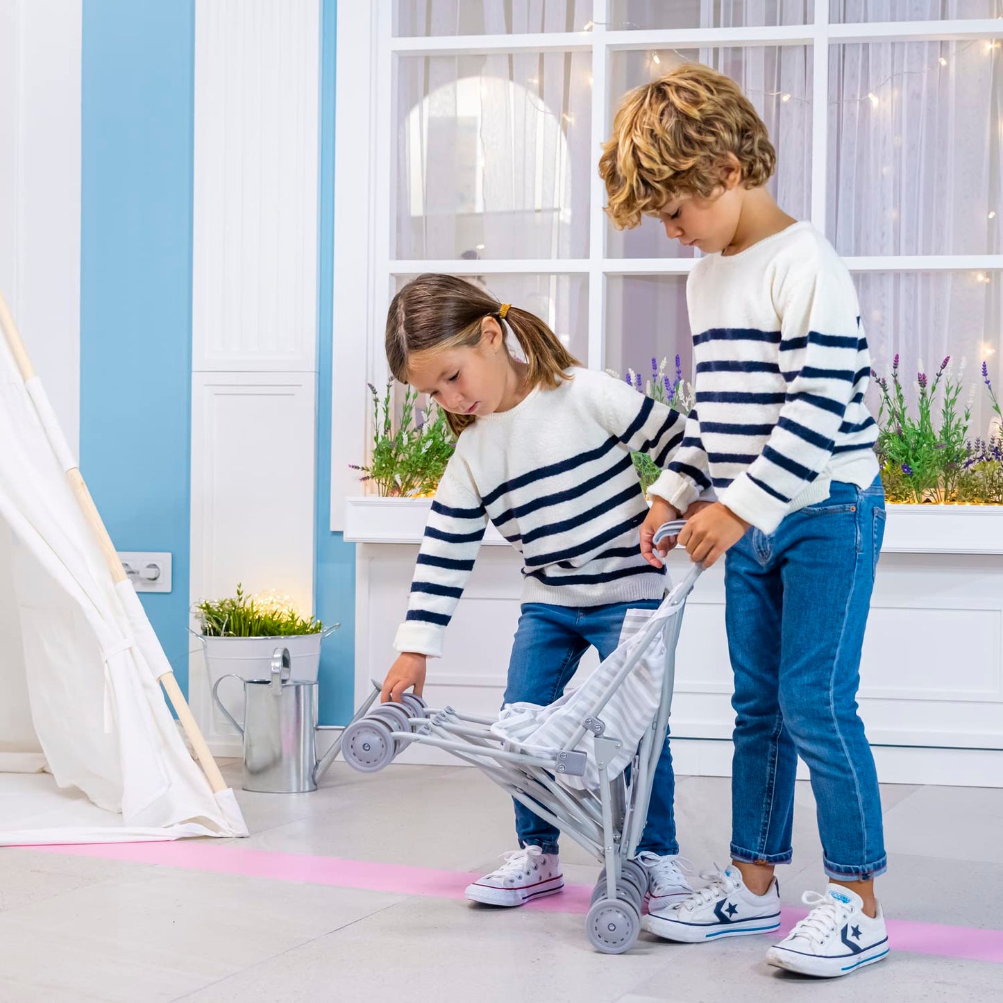 JC Toys Boutique | Folding Umbrella Doll Stroller for Children 2 Years Plus, Blue Stripes and Soft Embroidery | Sturdy Metal Frame | Pretend Play with Dolls up to 18” Long | Seat Belt